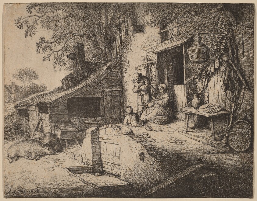 Farmstead wtih a Peasant Family Outside the Front Door, the Woman Spinning