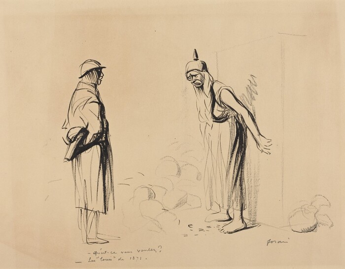 The image depicts two individuals shown from head to toe. On the left, a person standing upright with their body facing forward but the head turned to the right, and hands behind their back. This person is wearing a helmet, long coat, and boots. On the right, another person standing with a slightly hunched posture, looking intently towards the person on the left. This person has more pronounced facial features with an open mouth and squinted eyes, wearing a spiked headdress, long robe, and bare feet. The surroundings are minimal with indistinct shapes resembling stones or rubble at the ankles of the second person, and an undefined form to the right of them. The background is a blank, textured surface, and the entire scene is sketched with loose, expressive lines.