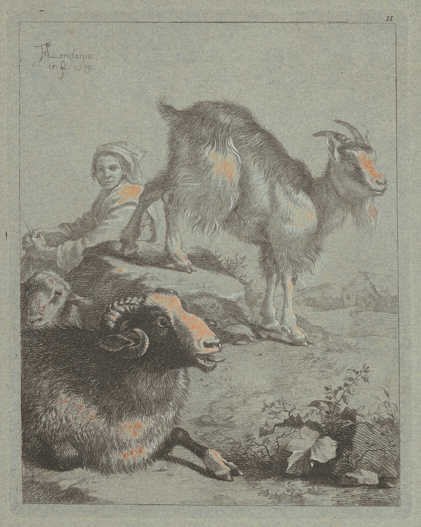 Seated Shepherdess, a Ram, a Sheep and a Goat