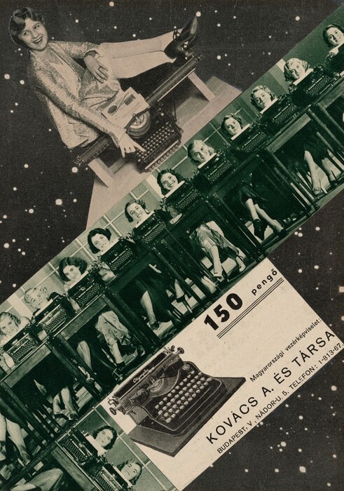 The image features an abstract arrangement of shapes. A large rectangle is placed diagonally across the composition, featuring a grid of rectangular spaces occupied by women seated at typewriters. Above this, a larger triangular shape hosts a woman sitting on a giant typewriter, with her legs crossed and her hand gesturing towards its keys. The background provides a starry night effect.