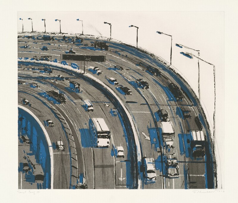 A multi-lane highway curves from the upper left corner to the bottom right edge of this nearly square aquatint and drypoint print. A row of sketchily drawn street lamps lines the top and right edge of the freeway. Black and white trucks and cars cast lapis-blue shadows on the charcoal-gray road. The artist wrote “Trial Proof III” in graphite in the lower left margin under the print and signed it with a heart and text reading, “Thiebaud 1979" in the lower right.