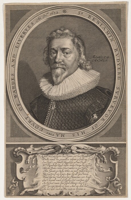 The image depicts an engraving of a man's bust-length portrait. He has a moustache, beard, and wavy hair. He wears a patterned garment with a lace ruff around his neck. The engraving includes the text "Sr. Benjamin Rudyer" and the date "Anno D[o] 1652" within an oval frame. The background within the frame is detailed. Below the oval frame, there is a decorative plaque with scrollwork and a verse in artistic script.