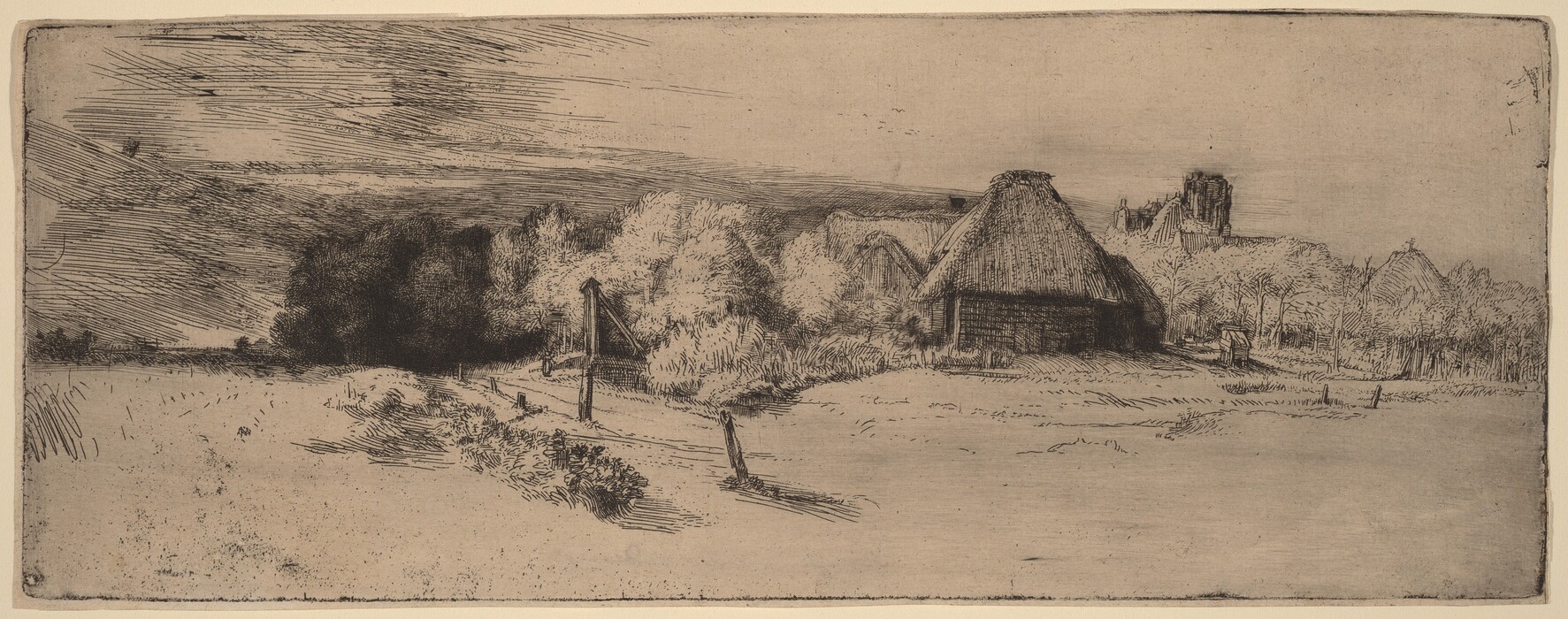 The image shows a rural landscape from a slightly elevated perspective. The horizon is high in the image, featuring trees and buildings, including a thatched-roof structure to the right. There are trees and rooftops in the background. The artist's detailed brushstrokes create texture and depth, with a monochromatic color palette of black and grey. Loose sketchy lines depict fields with sparse vegetation in the foreground, transitioning to a denser area with trees and structures in the distance.