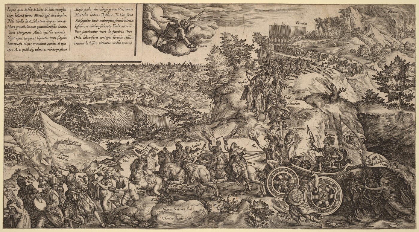 This is a drawing of an allegorical battle scene. The image portrays a battlefield filled with soldiers, musicians, and other characters engaged in various activities. A figure symbolizing victory flies through the sky on clouds in the upper center. In the background, military camps and formations of troops stretch across a hilly landscape. Banners, drums, and chariots add to the dynamic composition, while detailed line work emphasizes action and movement. Latin names label the figures in the scene.
