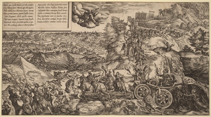 This is a drawing of an allegorical battle scene. The image portrays a battlefield filled with soldiers, musicians, and other characters engaged in various activities. A figure symbolizing victory flies through the sky on clouds in the upper center. In the background, military camps and formations of troops stretch across a hilly landscape. Banners, drums, and chariots add to the dynamic composition, while detailed line work emphasizes action and movement. Latin names label the figures in the scene.