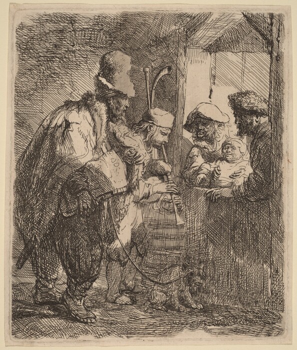 The image shows several figures standing near a window or opening. On the left, a tall person wearing a large hat and a fur-trimmed coat holds a stick. Next to them, another person plays a musical instrument, possibly a bagpipe. In front, a small dog is on a leash. On the right, two figures are visible. One holds a swaddled baby, while the other wears a hat with fur-like details. The background resembles a rustic room with textured walls and wooden beams.