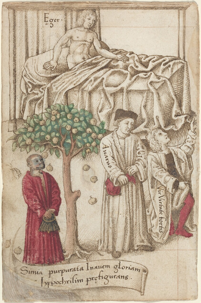 An Ape in Purple with a Sick Man, a Good Man, and a Miser [fol. 36 verso]