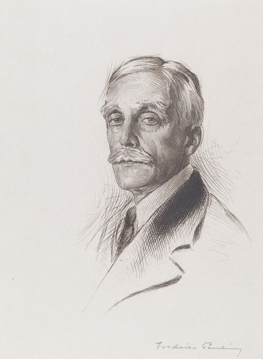 This is a drawing of a man in a bust portrait view. The man is shown from the chest upwards, posed in a three-quarter profile facing slightly to his left. He has defined facial features, including a prominent jawline, high cheekbones, and a mustache. The man's eyes are deep-set, and he has medium-length hair styled back neatly. He is wearing a formal suit with a white shirt, dark tie, and light-colored jacket. The background is plain, emphasizing the detailed line work of the drawing.