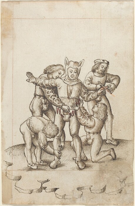 This is a drawing of a group of figures interacting around a central figure wearing a costume with ears on the headpiece. The central figure stands with a rigid pose, wearing a detailed costume, while other figures surround it. The figures are engaged in altering or repairing the central character's attire, each with a focused demeanor. The style of the drawing reflects an intricate attention to the form and detail of the figures' clothing and poses, displaying techniques reminiscent of medieval European art.