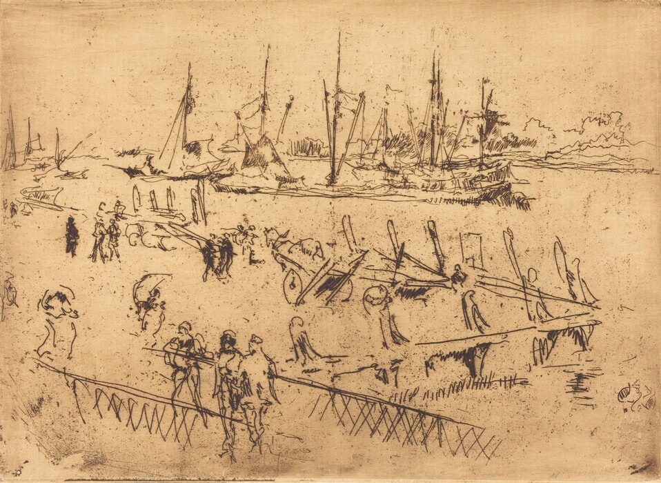 The image shows a busy harbor scene with various figures and objects sketched intricately across the composition. The point of view is slightly elevated, allowing a view of the activity on the docks and the boats in the water. The horizon is in the upper third of the image with ship masts piercing the sky. The line work appears delicate and linear, possibly created through an etching technique. The color scheme consists mainly of sepia tones. Various figures are engaged in activities near wheelbarrow-like objects, with ships anchored in the waterway beyond. Thin lines in the distance suggest land or clouds against the sky.