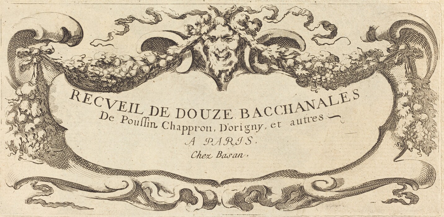 This is a drawing of an ornate title page design. The drawing features a decorative frame with the text "RECUEIL DE DOUZE BACCHANALES De Poussin, Chappron, D'Origny, et autres - A PARIS, Chez Basan." The frame is adorned with illustrations of swirling clouds or smoke, grapevines, and a central figure at the top that resembles a classical mythological representation. The design has elaborate line work, typical of engravings for title pages or frontispieces.