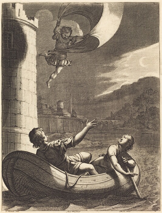 This is an illustration of a person descending from a tower towards a boat on a river. The figure appears to be holding a large piece of fabric. Below, two individuals are seated in a small boat on a body of water, one of them reaching upwards towards the descending figure while the other looks on with a sense of amazement or concern, holding an oar. The scene is set under a night sky with visible clouds and a crescent moon.