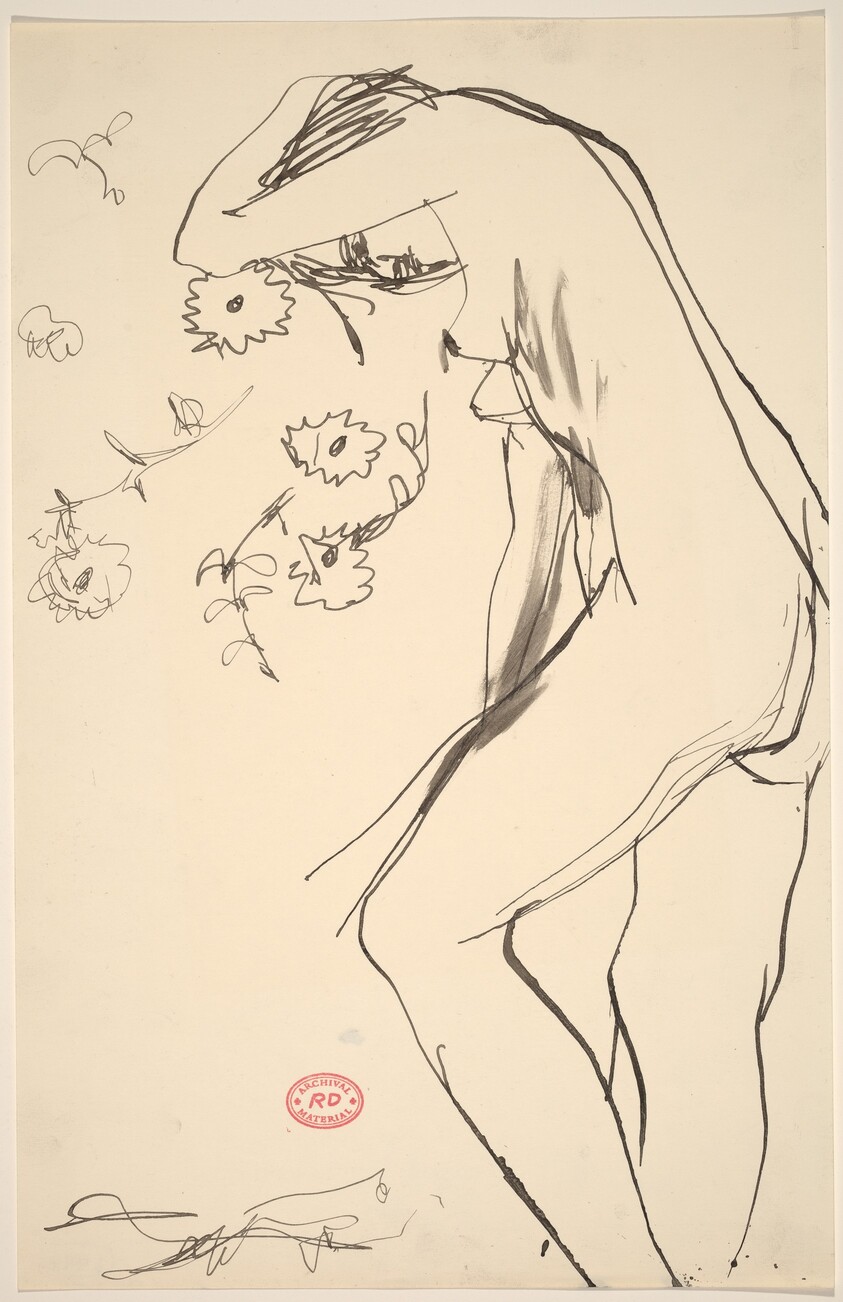 Untitled [standing female nude leaning into a floral pattern]