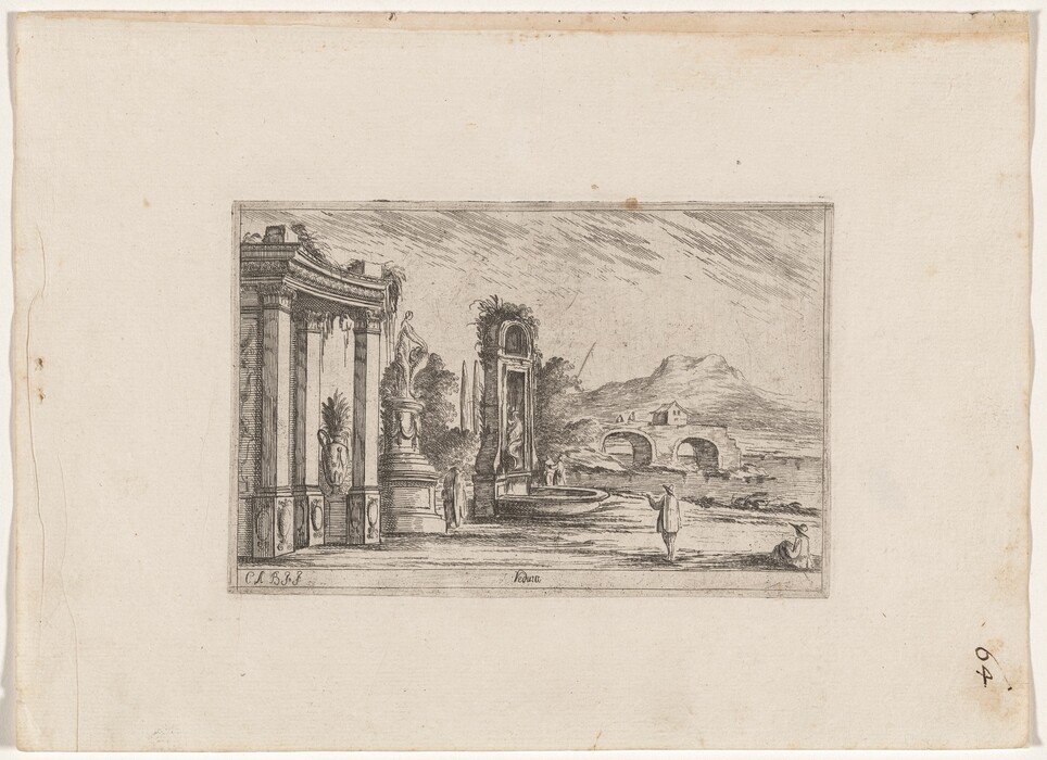 The image depicts a classical architectural scene with natural elements seen from a slightly elevated point of view. On the left side, there are tall columns, a pot with plants, and a statue on a pedestal. Further back, an arched structure covered in greenery is visible. In the distance, a mountain is seen near a bridge with arches spanning a river or road. The etching shows fine and delicate brushstrokes, especially in the architectural and foliage textures. The color palette consists of primarily black and white, with stark contrasts creating depth and shadows. The horizon line is suggested by the base of the mountain and bridge, enhancing the sense of depth in the landscape.