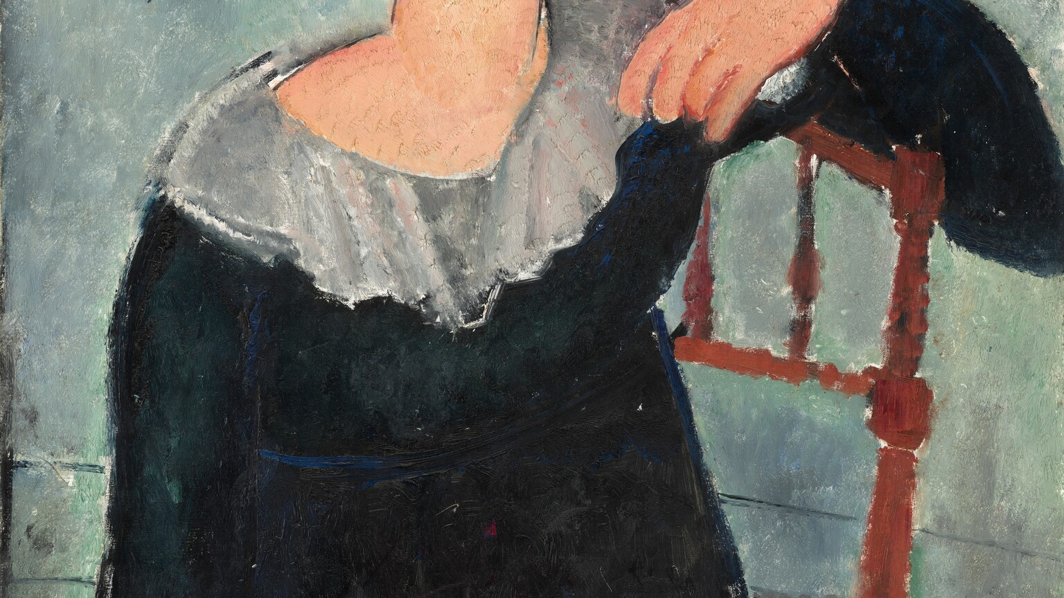 Shown from the lap up, a woman with peach-colored skin sits leaning sideways against the back of a wooden chair with her head tilted to our left on her long neck in this vertical, stylized portrait. The painting is done mostly with areas of mottled color outlined in delicate black lines. The top of her head and her left elbow, on our right, are slightly cut off by the edges of the canvas. Her copper-red hair is parted in the middle and puffs down and around her hears. Her elongated oval face and delicate features are simply drawn. Pencil-thin, nearly straight, grayish eyebrows float above almond-shaped eyes entirely filled in with black. A faint gray line forms her elongated nose. Her small rose pink, pursed lips are slightly darker than the faint blush on her cheeks. Her jet-black, long-sleeved dress has a high waist and a wide, diaphanous gray collar at the rounded neckline. Her left elbow, on our right, drapes over the top of the spindles making up the back of the chair so her hand rests near the gray collar. Her other arm rests by her side. The background is a foggy swirl of sage green and elephant gray. Two faint, thin, parallel, horizontal gray lines that run across the background may suggest a baseboard.