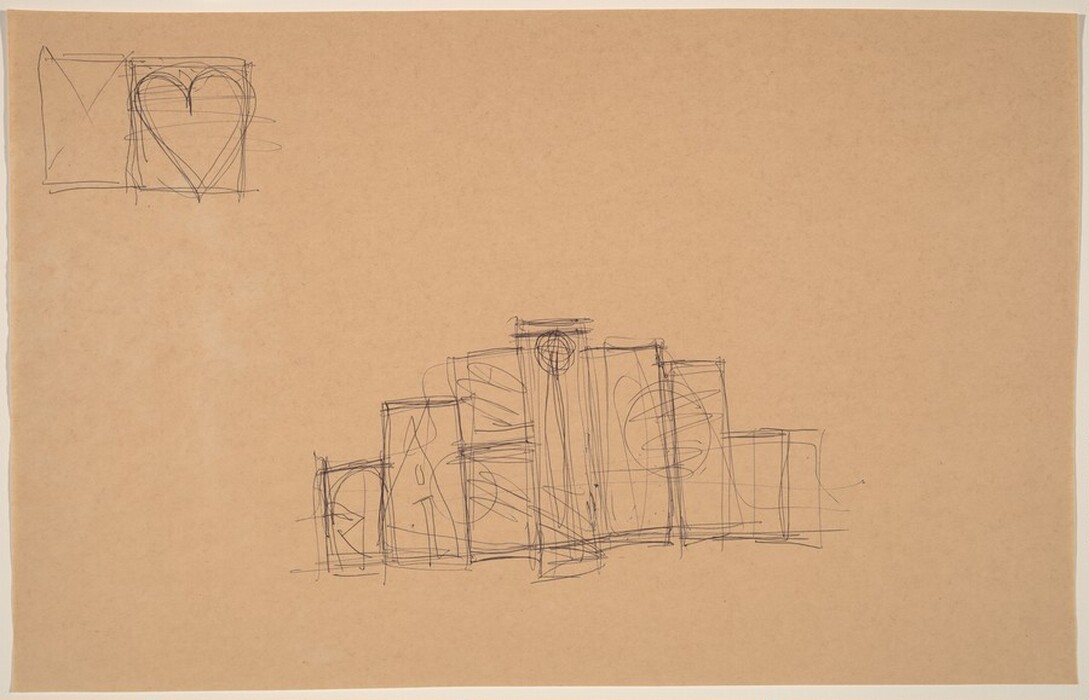The image shows irregular, overlapping rectangular shapes and lines arranged in an abstract manner at the center of the page. In the upper left corner, there is a box containing a heart shape drawn with intersecting lines. The central shapes resemble stacked books or blocks, with a circular form resembling a clock or sun at the top of one shape, giving a sense of a cityscape or skyline.