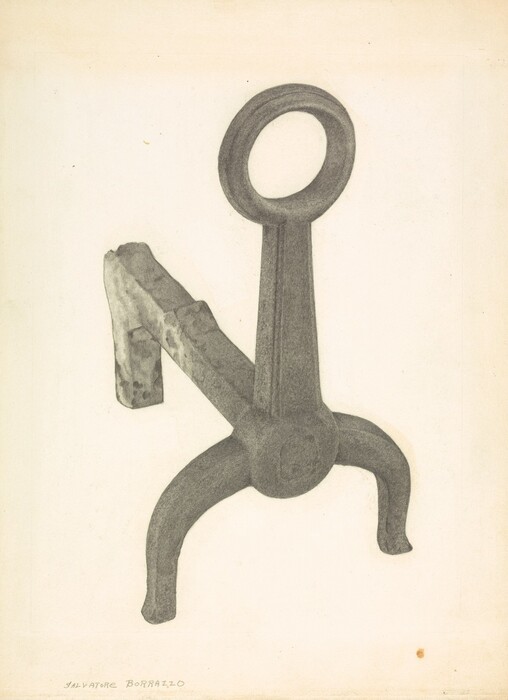 This is a drawing of a metal andiron. The drawing captures the simple yet sturdy design of a single fireplace andiron. The object is depicted with a looped ring at the top and a prong that would support firewood above a hearth. The base splits into three legs for stability. The textures and shading suggest the metallic nature of the object, hinting at its weight and usefulness in supporting logs in a fireplace. The background is minimalistic to highlight the object.