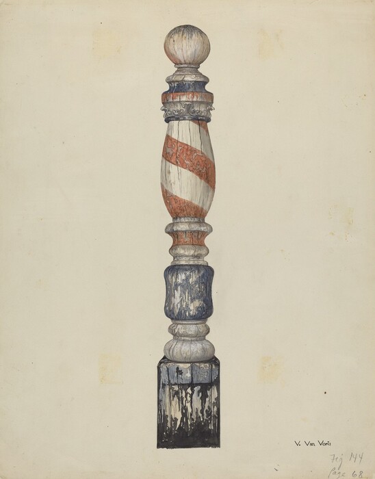 The image shows a detailed drawing of a vertically oriented column with a sphere on top and a twisting pattern of red and white stripes along its shaft. The color palette includes shades of white, red, blue, and black with a weathered effect. The background is a plain, light beige. There is an inscription in the bottom right corner with the artist's name and additional text.