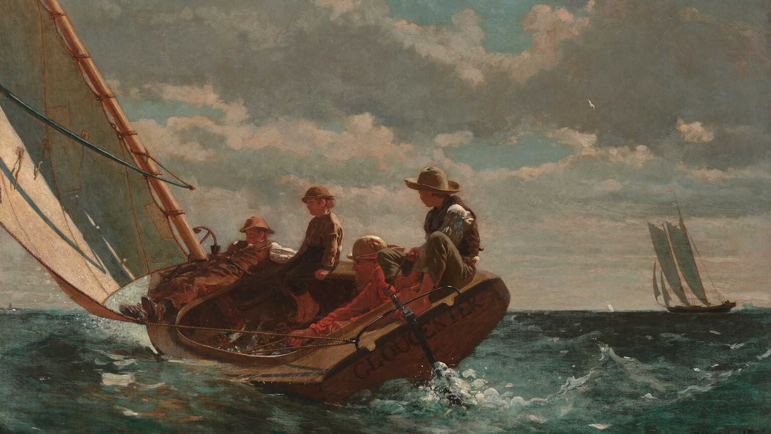Close to us, a young man and three boys sit or recline in a small sailboat that tips to our left on a choppy dark green sea in this horizontal painting. The billowing sail extends off the top left corner of the canvas and is echoed in the background to our right by the tall sails of another ship in the distance. The horizon line comes about a third of the way up the composition, and puffy gray and white clouds sweep across the turquoise sky. The sun lights the scene from our right so the boys’ ruddy faces are in shadow under their hats. The young man and boys all face our left so they lean against and into the boat as it cants up to our right. The boy nearest the sail to our left reclines across the bow. Next to him to our right, a younger boy perches on the edge of the boat and holds on with both hands. The oldest, in a red shirt, sits on the floor of the boat as he maneuvers the sail with a rope. Closer to us and to our right, a younger boy sits with his bare feet pressed together in front of his bent knees on the back edge of the boat, gazing into the distance over his right shoulder as he handles the tiller. The artist signed and dated the painting in dark letters in the lower right corner: “HOMER 1876.”