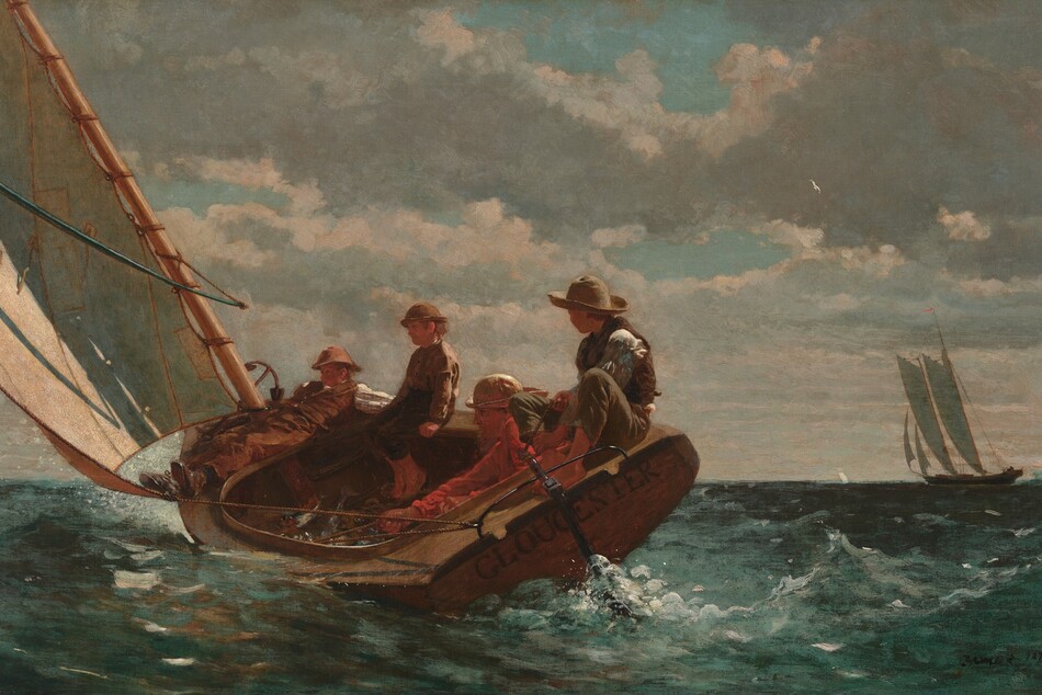 Close to us, a young man and three boys sit or recline in a small sailboat that tips to our left on a choppy dark green sea in this horizontal painting. The billowing sail extends off the top left corner of the canvas and is echoed in the background to our right by the tall sails of another ship in the distance. The horizon line comes about a third of the way up the composition, and puffy gray and white clouds sweep across the turquoise sky. The sun lights the scene from our right so the boys’ ruddy faces are in shadow under their hats. The young man and boys all face our left so they lean against and into the boat as it cants up to our right. The boy nearest the sail to our left reclines across the bow. Next to him to our right, a younger boy perches on the edge of the boat and holds on with both hands. The oldest, in a red shirt, sits on the floor of the boat as he maneuvers the sail with a rope. Closer to us and to our right, a younger boy sits with his bare feet pressed together in front of his bent knees on the back edge of the boat, gazing into the distance over his right shoulder as he handles the tiller. The artist signed and dated the painting in dark letters in the lower right corner: “HOMER 1876.”