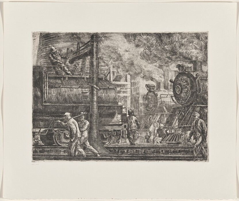 This is an image showing trains in a train yard with multiple locomotives and figures around them. The focus is on two large steam locomotives amidst industrial elements like steam and structural frameworks. The foreground locomotive has smoke and steam billowing above it. The composition captures the energy and atmosphere of rail industries, with detailed lines conveying movement and machinery.