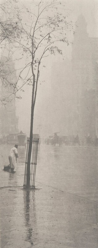Printed with silvery gray tones, a single tall tree with a spindly trunk and sparse canopy grows inside a round cage set into a sidewalk in this tall, narrow photogravure. The tree is just left of center. A short distance away, a person wearing a light coat and a dark cap cleans the street along the gutter near the left side of the photograph. The sidewalk and street to our right gleams with rain, and horse-drawn carriages are like smudged silhouettes in the hazy distance. Skyscrapers are barely visible against a misty sky in the top half of this picture.