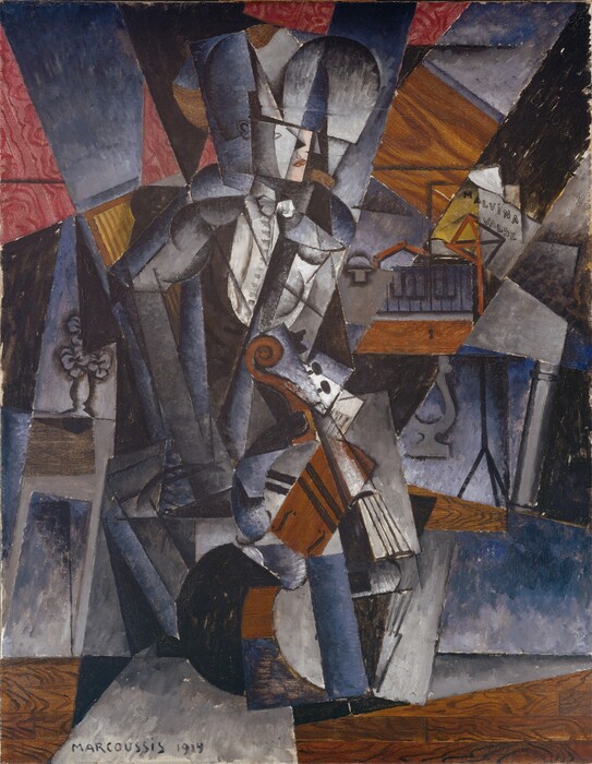 Glimpses of body parts, bits of a stringed instrument, and hints of a background are fragmented and splintered in this vertical, abstracted painting. Painted within overlapping, geometric shapes, recognizable features like a nose, lips, eyes, and ears are at the top center above a chest, an arm, a ruffled shirt front, and bow tie. The scroll, neck, and bridge of an instrument, perhaps a cello, are below. A vase of flowers is in the background to the left, and a piano keyboard, music stand, and paper titled “Malvina Vass” are to the right. Most of the composition is painted in slate and celestial blue and smoky and nickel gray with some touches of brown, black, and muted red. The artist signed and dated the painting near the lower left corner, “Marcoussis 1914.”