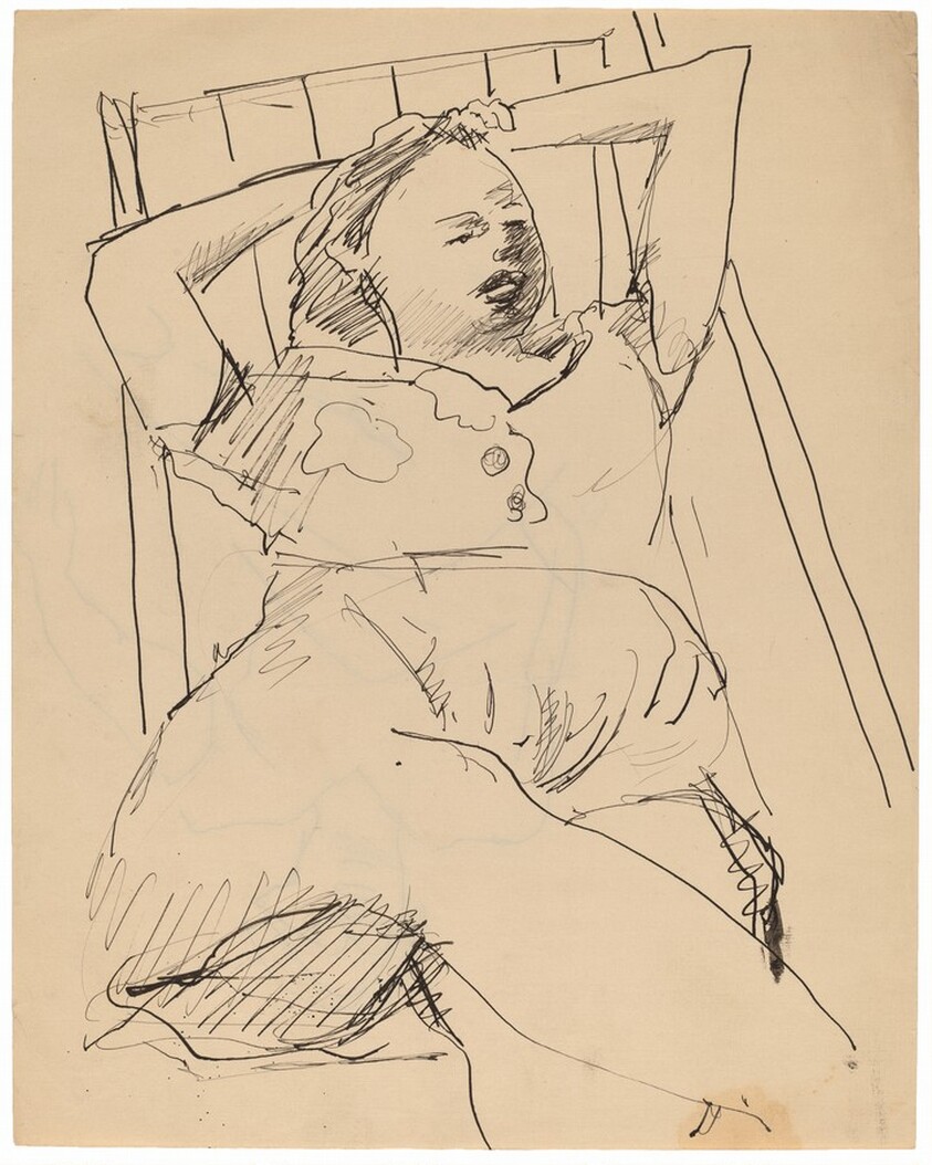 Seated Woman Leaning Back, Arms Raised to Head [recto]