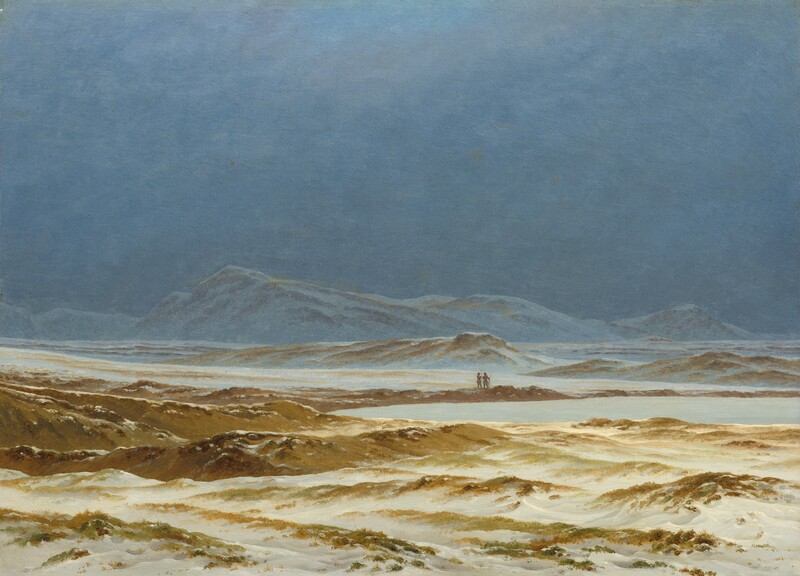 Two minuscule people stand in the center of an expansive, rugged landscape dusted with snow in this horizontal painting. Snow nestles in among the tawny-brown ridges that roll like waves back to the horizon, which comes almost halfway up the composition. The people are painted with a few dabs of fawn brown, and they stand on a spit of land to our right of center. Mountainous ridges along the horizon are shaded in slate blue under a steely-blue sky.