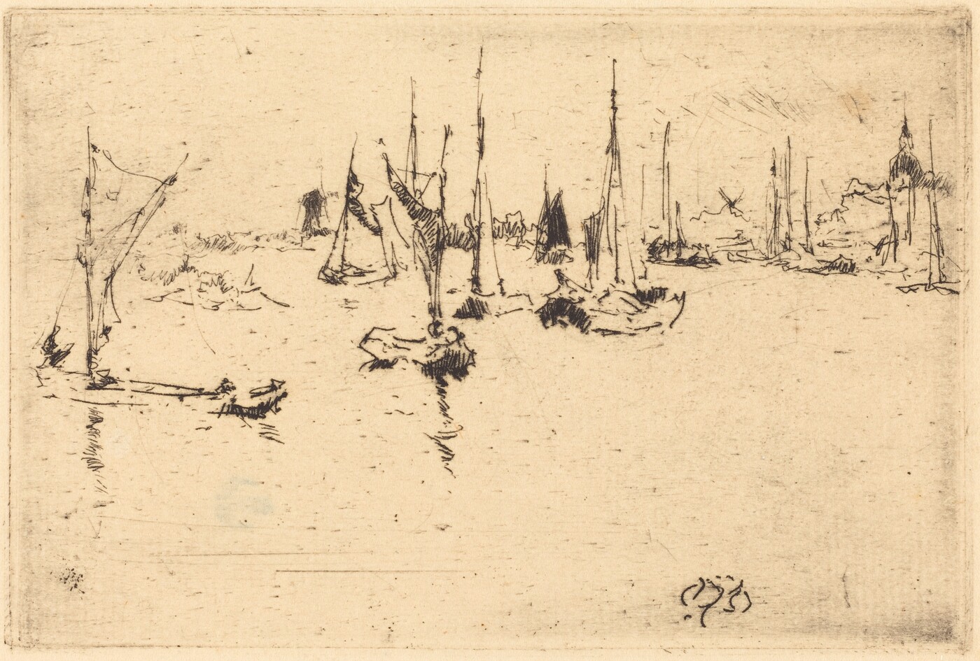 The image shows sailboats on a body of water. The viewpoint is slightly elevated, showing a wide scene with an implied horizon. The lines are delicate and sketch-like, depicting water and sails with minimal detail. The color palette is monochromatic with shades of black on a light sepia background. Faint architectural elements are suggested in the distance.