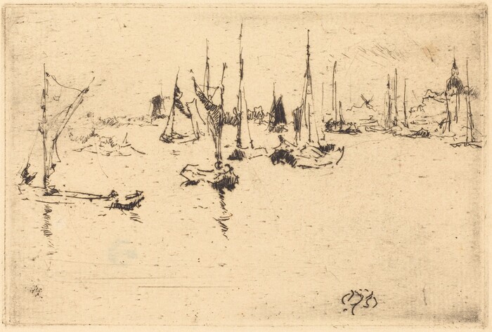 The image shows sailboats on a body of water. The viewpoint is slightly elevated, showing a wide scene with an implied horizon. The lines are delicate and sketch-like, depicting water and sails with minimal detail. The color palette is monochromatic with shades of black on a light sepia background. Faint architectural elements are suggested in the distance.