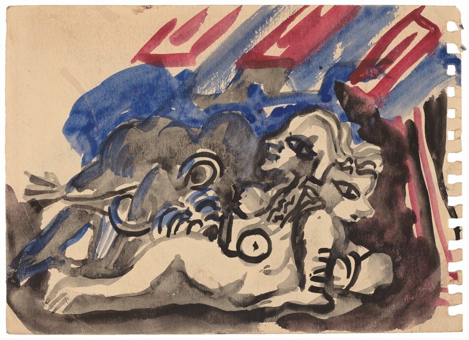 The image shows flowing lines and curves forming an abstract composition. In the center is a reclining figure with a face and flowing hair. Swirling patterns and bold, dark strokes convey movement and depth. Above the figure are bold red and blue brushstrokes creating a dynamic backdrop. The colors and forms suggest abstract ideas while maintaining connections to human and artistic forms.