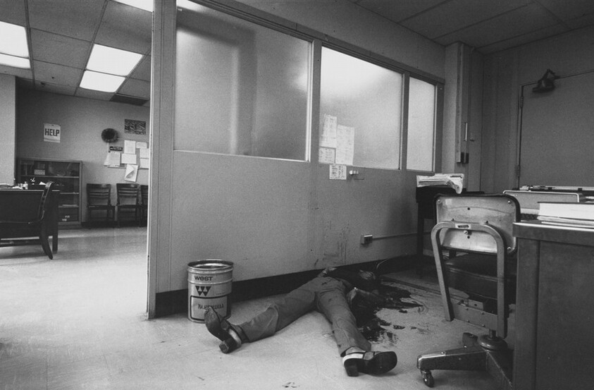 Homicide in a welfare office. On Friday the woman refused to date her former boyfriend. On the weekend he bought a kitchen knife. Monday morning he arrived in the office and again she refused him. He suddenly plunged the knife into her, New York City