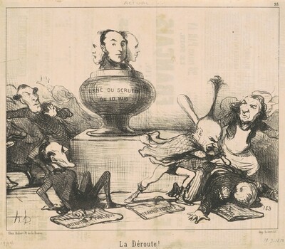 “La dêroute!”. This image depicts an urn with multiple faces and several figures in a chaotic scene.