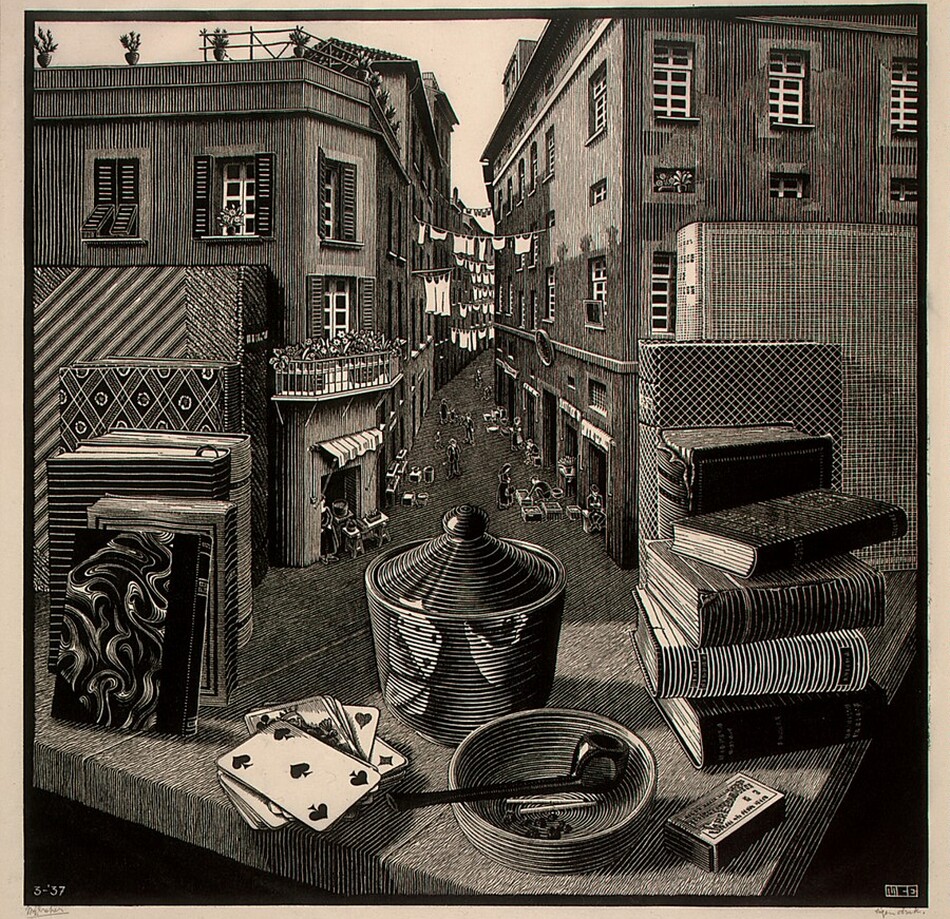 We look across the corner of a wooden table piled with books, playing cards, a pipe, matches, and a covered vessel out into an alley between two tall buildings in this square woodcut print. The scene is printed with black ink on cream-white paper. The corner of the table juts toward us, and we realize that the surface of the table seamlessly becomes the floor of the alleyway beyond. Closest to us, on the table, a pipe and two matches rest in a shallow bowl. A five of spades is face up on the pile of cards to our left, and the pipe, bowl, and cards are reflected in a vessel behind them. The vessel has ribbing or ridges around the sides and along the conical cover, radiating out from a ball-shaped handle. A box of matches sits next to the bowl, to our right. Four books are stacked in a pile to our right, against three taller standing books. Six more books, standing with their spine facing inward, are to our left. The farthest books on both sides rest against the side of the buildings that line the alley, as if the buildings were bookends. The buildings each have three or four stories lined with rectangular windows, some with shutters. There are a few retracted awnings, and lines of white laundry are strung between the buildings in the distance. The roofline of the building to our left nearly reaches the top edge of the paper, and the roof of the building to our right is cut off by that edge. People, tables, and goods, tiny in scale, line the shop openings along the bottom floors of the buildings. The numbers “3-‘37” appear in white against black in the lower left corner of the printed image, and the blocky letters “MCE” appear to the lower right. Pencil inscriptions in the margin beneath each corner of the printed image cannot be made out.