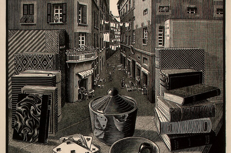 We look across the corner of a wooden table piled with books, playing cards, a pipe, matches, and a covered vessel out into an alley between two tall buildings in this square woodcut print. The scene is printed with black ink on cream-white paper. The corner of the table juts toward us, and we realize that the surface of the table seamlessly becomes the floor of the alleyway beyond. Closest to us, on the table, a pipe and two matches rest in a shallow bowl. A five of spades is face up on the pile of cards to our left, and the pipe, bowl, and cards are reflected in a vessel behind them. The vessel has ribbing or ridges around the sides and along the conical cover, radiating out from a ball-shaped handle. A box of matches sits next to the bowl, to our right. Four books are stacked in a pile to our right, against three taller standing books. Six more books, standing with their spine facing inward, are to our left. The farthest books on both sides rest against the side of the buildings that line the alley, as if the buildings were bookends. The buildings each have three or four stories lined with rectangular windows, some with shutters. There are a few retracted awnings, and lines of white laundry are strung between the buildings in the distance. The roofline of the building to our left nearly reaches the top edge of the paper, and the roof of the building to our right is cut off by that edge. People, tables, and goods, tiny in scale, line the shop openings along the bottom floors of the buildings. The numbers “3-‘37” appear in white against black in the lower left corner of the printed image, and the blocky letters “MCE” appear to the lower right. Pencil inscriptions in the margin beneath each corner of the printed image cannot be made out.