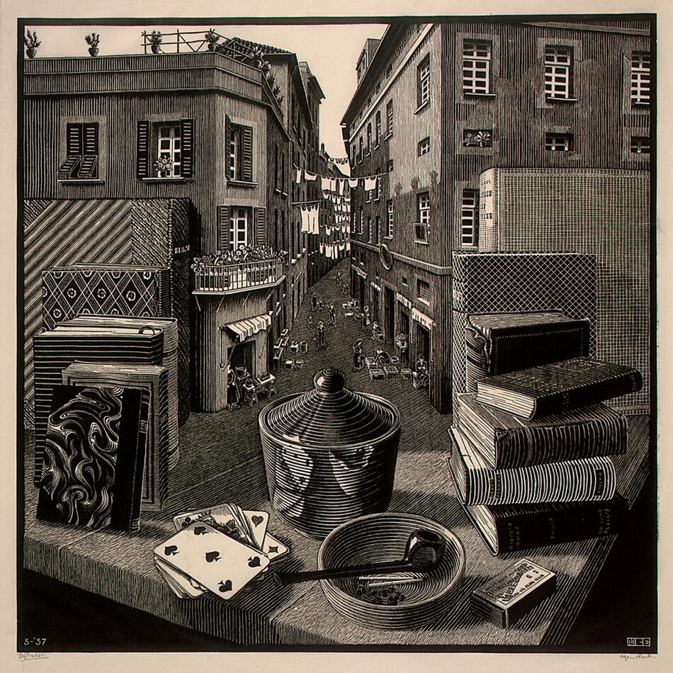 We look across the corner of a wooden table piled with books, playing cards, a pipe, matches, and a covered vessel out into an alley between two tall buildings in this square woodcut print. The scene is printed with black ink on cream-white paper. The corner of the table juts toward us, and we realize that the surface of the table seamlessly becomes the floor of the alleyway beyond. Closest to us, on the table, a pipe and two matches rest in a shallow bowl. A five of spades is face up on the pile of cards to our left, and the pipe, bowl, and cards are reflected in a vessel behind them. The vessel has ribbing or ridges around the sides and along the conical cover, radiating out from a ball-shaped handle. A box of matches sits next to the bowl, to our right. Four books are stacked in a pile to our right, against three taller standing books. Six more books, standing with their spine facing inward, are to our left. The farthest books on both sides rest against the side of the buildings that line the alley, as if the buildings were bookends. The buildings each have three or four stories lined with rectangular windows, some with shutters. There are a few retracted awnings, and lines of white laundry are strung between the buildings in the distance. The roofline of the building to our left nearly reaches the top edge of the paper, and the roof of the building to our right is cut off by that edge. People, tables, and goods, tiny in scale, line the shop openings along the bottom floors of the buildings. The numbers “3-‘37” appear in white against black in the lower left corner of the printed image, and the blocky letters “MCE” appear to the lower right. Pencil inscriptions in the margin beneath each corner of the printed image cannot be made out.