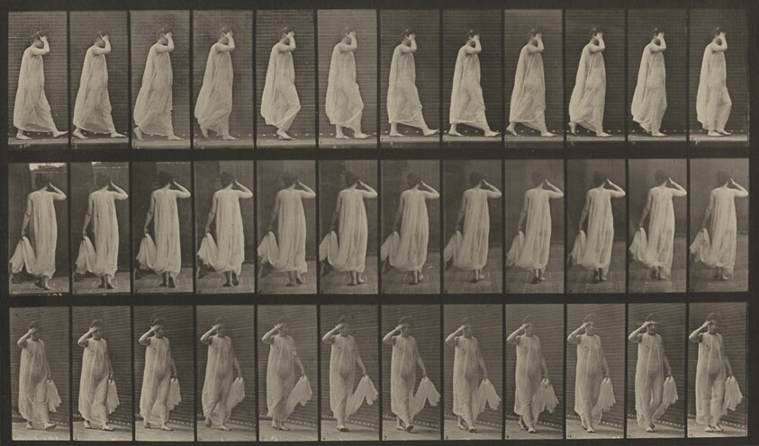Plate Number 37. Walking; left hand holding dress, right hand at face