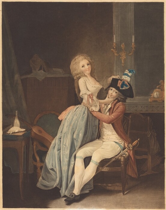 Two smooth-faced, smiling people embrace and look at us in a room a fireplace, chairs, and a table in this vertical, colored etching and aquatint. The couple are in the center of the composition. To the right in that pair, one person sits in a wood chair with an upholstered seat and the other stands. Both people have pale skin with rosy cheeks, wide-set, large brown eyes, delicate noses and mouths, and pointed chins. The seated person is dressed in a military uniform with a white vest, a rose-pink coat, white, knee-length britches, white stockings, and black shoes with silver buckles. His ankles are crossed and the britches trimmed with powder-blue at the knees. A sword hangs from his left hip, to our right. He has dark gray, curly hair under a bicorn hat, which has a blue and dark pink badge on the front and blue and white feathers issuing from the top. The woman stands close to him, and he rests the hand we can see on her waist. Her puffy, ash-blond hair curls along her shoulders and falls down her back. Her white bodice is cut low across an ample bosom, and pin ribbons are tied around the upper arm we can see. She wears a pale, sky-blue, voluminous skirt. She holds the seated person’s chin with one hand and touches the hat with the other. A long stringed instrument lies across the seat and armrest of a chair just behind her. A table next to that, along the left edge of the sheet, holds a white bottle and piece of cloth, perhaps a lacy cap. A mantle with a bellows and a screen is to the right of and behind the man. A gold-colored ormolu clock sits on the mantle and a gold double candle sconce hangs to the left on molding that frames the fireplace. More furniture, perhaps a dresser, is in the background in front of a sable-brown wall.