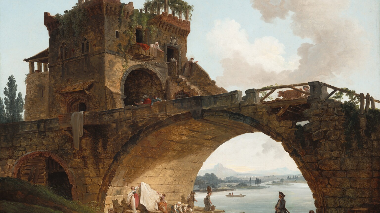 A rustic, arched, stone bridge spanning a shallow river nearly fills this horizontal landscape. From low to the ground, we look up into and through a large arch, which occupies the lower half of the picture and frames a view that opens to a wide expanse of calm, pale blue water, wooded green riverbanks, and a misty, distant view of a village and a mountain. The horizon line comes a quarter of the way up the painting, and a smoke-colored cloud formation curves like a backward C against the ice-blue sky above. The bridge structure is made from stacked, sandstone-colored stone blocks to form heavy piers. Vegetation grows on the crumbing bridge and gaps indicate other stones are missing. The bridge’s deck runs across the center of the painting, rising slightly from left to right. Atop it, occupying the top left quadrant of the painting, sits a square stone two-story tower that encloses an arched passage over the bridge’s roadway. Groups of people, small in scale, are positioned on and around the bridge. At the river level, on a platform around a bridge footing, four women do laundry. Two pull sheets from the water and two bend on their knees to wash the linens in the river. They wear long skirts of slate blue, cranberry red, and ochre yellow with pinafores and white blouses rolled up to the elbows, with their hair pinned up. A bearded man in brown trousers, white shirt, and brown hat appears to talk to them. Another woman standing nearby in a dark, slate-gray dress balances a large, dark brown ceramic ewer on her head and reaches to pick up another resting at her feet. Warm yellow light illuminates this scene and the underside of the bridge, and reflects on the river. On the bridge deck above, a brown steer is herded across the bridge by a person wearing a wide brown hat, while three people in red, slate-blue, and white clothing are about to pass through the tower passage on the left. Immediately above them, a woman in a white blouse and head scarf appears at a small balcony with what looks like a red dress draped over it and gestures with an extended arm toward a white cat crouched on a railing below. Another woman to our right, in a brown dress, white blouse, and brown hair, stands at the top of a flight of steps leading up the far side of the tower with her back toward us, and she gazes out at the view. On the water below, a small boat with several people is rowed across the river in the middle distance. In a shadowed area at the foot of the bridge, closer to us, a man stands wearing a pointed hat, blue jacket with buttons, and high boots with a sword tucked under his arm. Behind him, a woman in a dark green dress and kerchief sits on a stone step. Both look toward the scene under the bridge with the washerwomen.