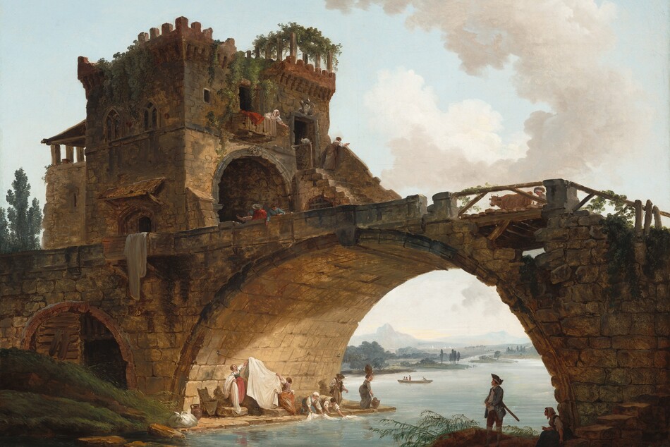A rustic, arched, stone bridge spanning a shallow river nearly fills this horizontal landscape. From low to the ground, we look up into and through a large arch, which occupies the lower half of the picture and frames a view that opens to a wide expanse of calm, pale blue water, wooded green riverbanks, and a misty, distant view of a village and a mountain. The horizon line comes a quarter of the way up the painting, and a smoke-colored cloud formation curves like a backward C against the ice-blue sky above. The bridge structure is made from stacked, sandstone-colored stone blocks to form heavy piers. Vegetation grows on the crumbing bridge and gaps indicate other stones are missing. The bridge’s deck runs across the center of the painting, rising slightly from left to right. Atop it, occupying the top left quadrant of the painting, sits a square stone two-story tower that encloses an arched passage over the bridge’s roadway. Groups of people, small in scale, are positioned on and around the bridge. At the river level, on a platform around a bridge footing, four women do laundry. Two pull sheets from the water and two bend on their knees to wash the linens in the river. They wear long skirts of slate blue, cranberry red, and ochre yellow with pinafores and white blouses rolled up to the elbows, with their hair pinned up. A bearded man in brown trousers, white shirt, and brown hat appears to talk to them. Another woman standing nearby in a dark, slate-gray dress balances a large, dark brown ceramic ewer on her head and reaches to pick up another resting at her feet. Warm yellow light illuminates this scene and the underside of the bridge, and reflects on the river. On the bridge deck above, a brown steer is herded across the bridge by a person wearing a wide brown hat, while three people in red, slate-blue, and white clothing are about to pass through the tower passage on the left. Immediately above them, a woman in a white blouse and head scarf appears at a small balcony with what looks like a red dress draped over it and gestures with an extended arm toward a white cat crouched on a railing below. Another woman to our right, in a brown dress, white blouse, and brown hair, stands at the top of a flight of steps leading up the far side of the tower with her back toward us, and she gazes out at the view. On the water below, a small boat with several people is rowed across the river in the middle distance. In a shadowed area at the foot of the bridge, closer to us, a man stands wearing a pointed hat, blue jacket with buttons, and high boots with a sword tucked under his arm. Behind him, a woman in a dark green dress and kerchief sits on a stone step. Both look toward the scene under the bridge with the washerwomen.