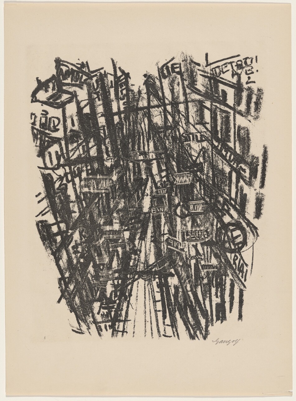 The image contains intersecting lines and shapes creating a dense pattern. Among the lines are signs resembling street signs or storefronts. The elements suggest a bustling urban environment, conveying complexity and liveliness. Overlapping forms contribute to movement and vibrancy.