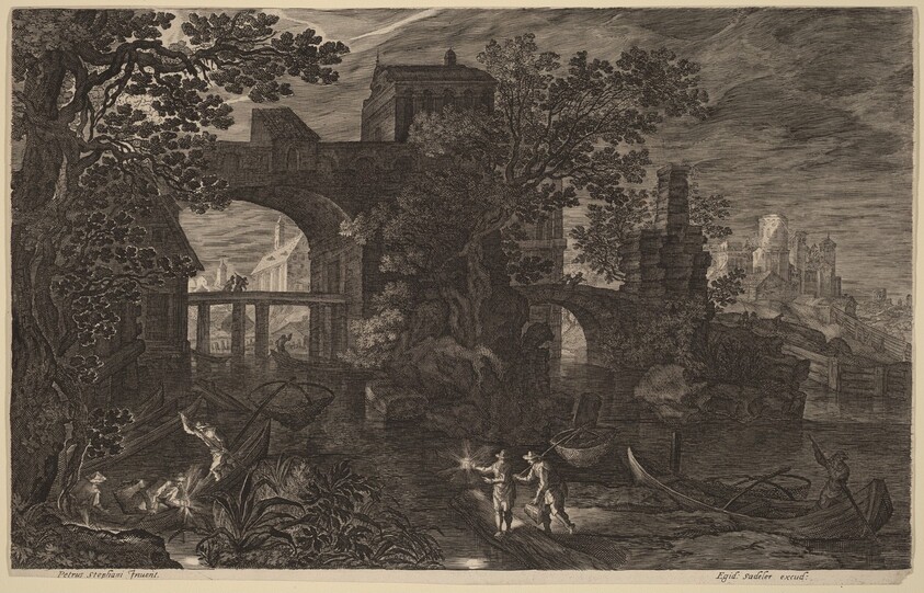 Nocturnal Landscape with River Fishermen outside City Walls