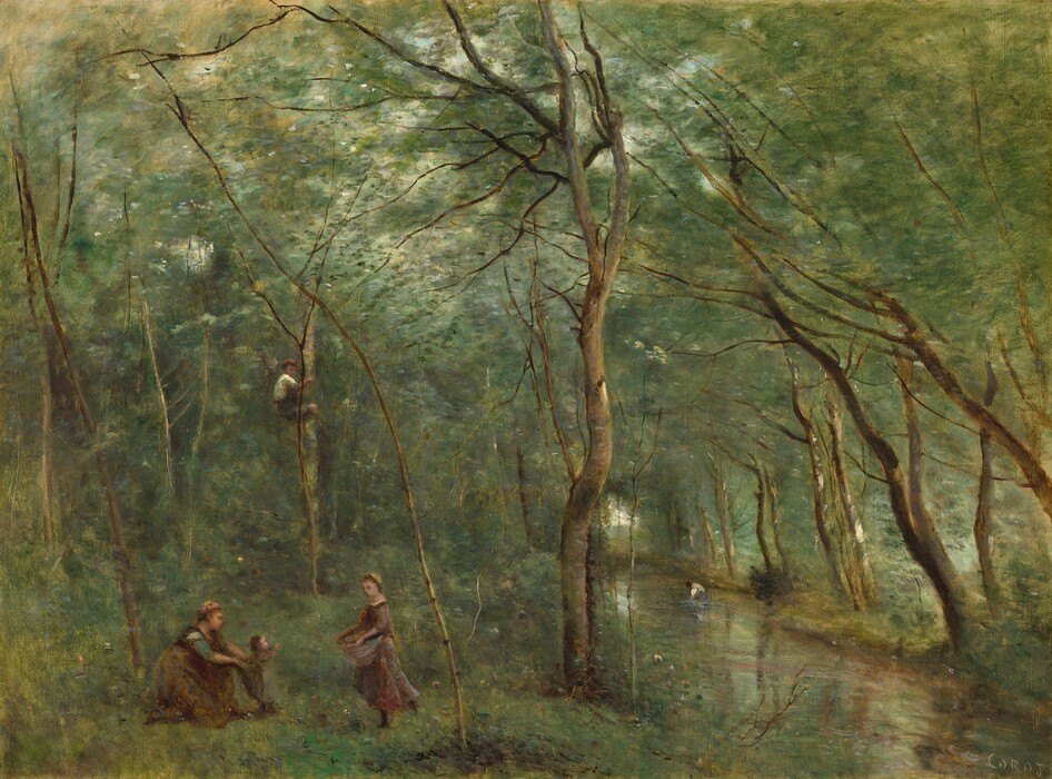 Four people wearing earthy brown gather near a stream that runs through a lush forest carpeted and filled with moss, pine, and sage green trees and undergrowth, interlaced with thin, willowy tree trunks in this horizontal landscape painting. The forest fills the composition and the scene is dominated with tones of green, even in the reflections in the water. The stream runs from the lower right corner into the distance near the right side of the canvas. The trees and undergrowth are painted with blended brushstrokes, giving the scene a soft and hazy glow. Near the lower left corner, a woman kneels and helps a baby take a step toward a young girl, who approaches the pair with something gathered and held up in her apron. A boy climbs a tree nearby. A fifth person appears after close inspection, standing in and bending over the stream in the distance to our right. The scene is diffusely lit, with only a few bright spots in the canopy of the trees to suggest sunlight and sky beyond.