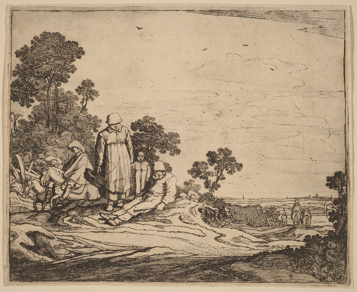 Woman and Child Standing near a Seated Peasant
