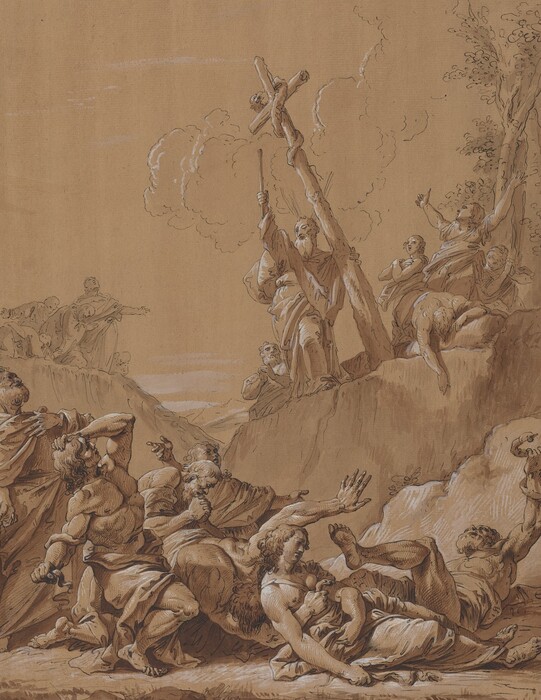 This is a drawing of a biblical scene featuring a group of people and a staff with a serpent. The scene depicts a dramatic moment where several figures are reacting with various expressions of fear or distress. In the foreground, people are depicted in flowing robes, some with outstretched arms, appearing to be in anguish or surprise. The central figure stands on a higher plane, prominently holding up a staff with a serpent coiled around it, leading the scene with a significant gesture. The background includes others standing and pointing, enhancing the narrative tension. The style is reminiscent of classical religious depictions, with detailed linework and shading contributing to the dynamic compositions and expressions.