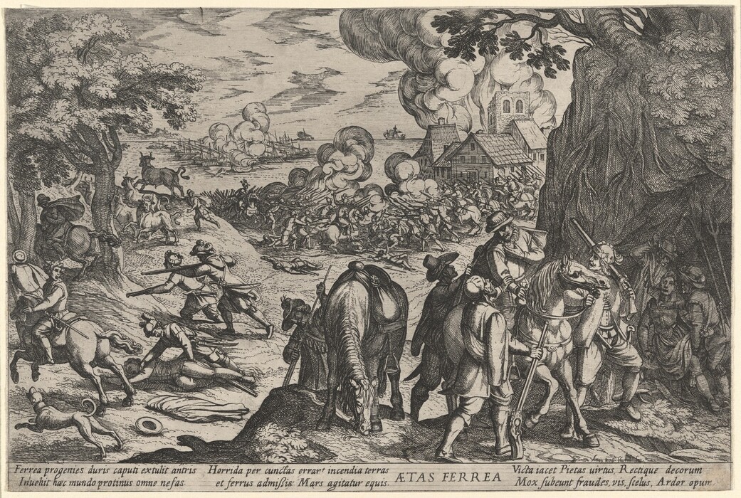 This is a drawing of a battle scene. The foreground shows mounted figures engaged in a skirmish. In the background, a town or village is under attack, with smoke and fire visible. Various animals like horses and cattle are present. The composition is detailed and intricate, conveying movement and energy. Text at the bottom adds context to the events depicted.