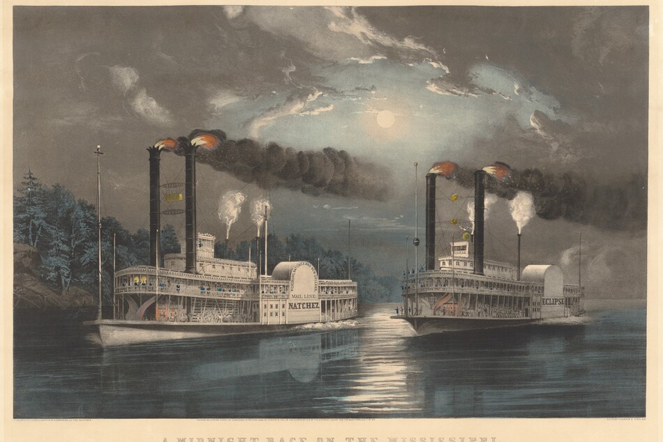Fire burps out the top of a pair of smokestacks on two steamboats that power down a wide river at night in this color lithograph. Black smoke billows back from the flames, and steam hisses from smaller smokestacks at the back of the boats. The boat to our left is the Natchez, and writing around its name reads, “Vicksburg, Natchez and New Orleans Mail Line.” The other boat is the Eclipse. People line the decks of both as the boats race under the moonlit sky. A blanket of gray clouds breaks in front of the luminous moon. Printed text below the image reads, “A MIDNIGHT RACE ON THE MISSISSIPPI.” Tiny text printed under the lower left corner of the image reads, “F.F. PALMER DEL. FROM A SKETCH BY H.D. MANNING OF THE NATCHEZ” and “LITH. OF CURRIER & IVES, N.Y.” in the lower right.