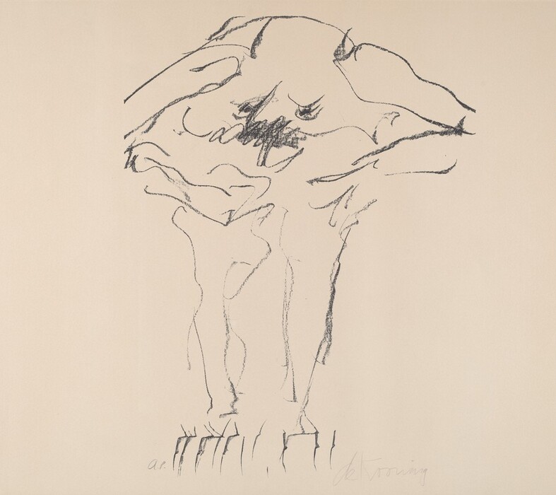 The image displays bold, sweeping lines and curved shapes that converge and diverge across the page to create an abstract form. The dark strokes intertwine to resemble a figure with broad shoulders and elongated legs. The lower section comprises of jagged lines that can evoke the impression of feet on a textured surface. The composition captures fluidity and motion typical of abstract art, blurring the line between human-like forms and free-flowing expression.