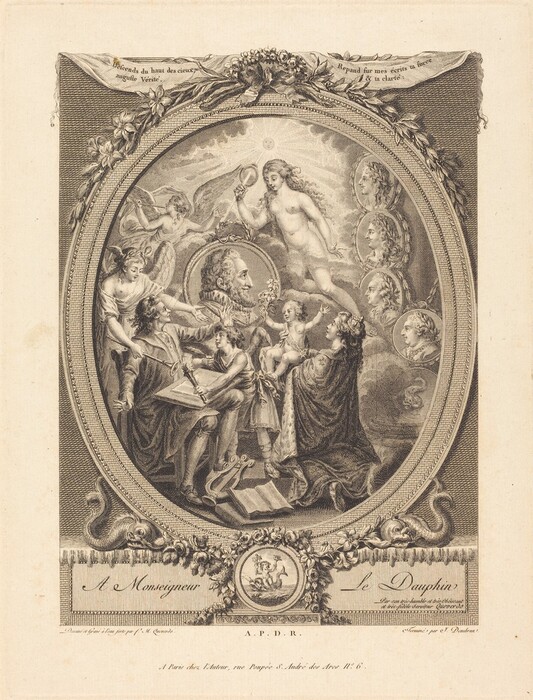 The image is an engraving featuring a group scene within an ornate oval frame. A central figure, possibly female and partially clothed or nude, presents draped fabric and holds a wreath above a portrait of a bearded man. Surrounding this central image are various figures in different poses, with some depicted as winged. These figures wear toga-like or flowing garments, with a few shown fully nude. The portrait of the bearded man is at the center, with classical features and a gentle expression. Smaller portraits that resemble historical figures encircle the scene. At the bottom center of the frame is an illustration of two horses within an emblem. The ornate border is embellished with detailed floral and leaf motifs, with text on the top scrollwork. Floral arrangements and banners are at the upper left and right corners of the oval. The larger background is plain, with a text description below the scene.